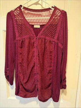 Meadow Rue Plum Lace & Dot Button-Front Blouse